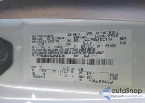 2012 Ford E-250 Commercial z USA, uszkodzony, nr VIN 1FTNE2EW5CDA64726